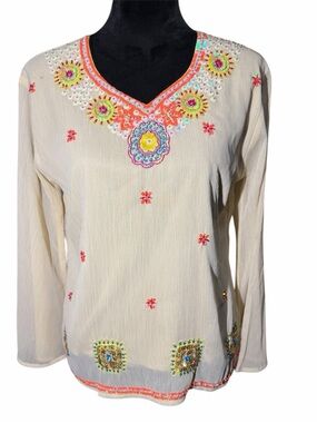 Cream Embroidered V-Neck Tunic Top with Neon Accents